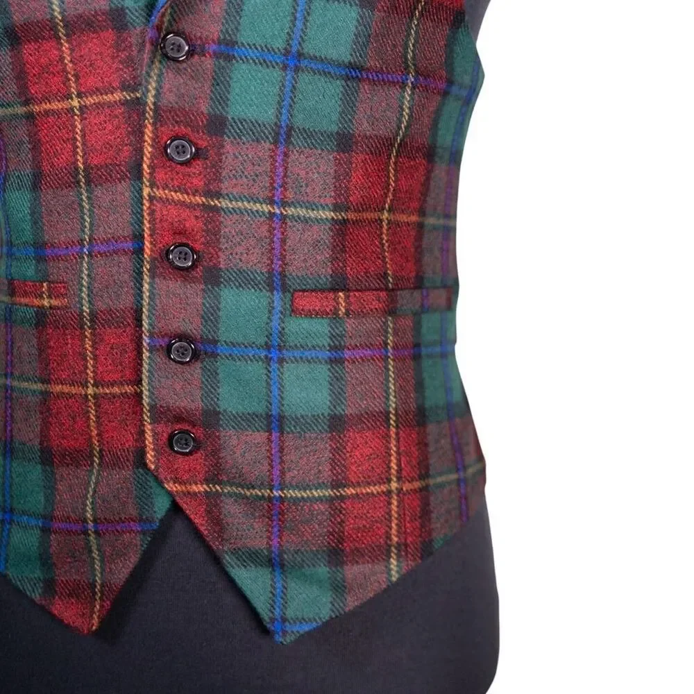 Mens Vest 40R Wool Tartan Plaid Green Red Waistcoat Formal Wedding Groom Party